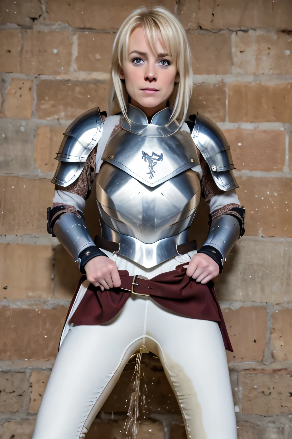 8k high resolution, best quality, briton girl, 20 years old, very short curly blonde hair, fantasy middleages, wearing white linnen riding breeches and a light blue chestplate armor, cowardly female squire, standing at a castle, tears running down her cheeks, smeared makeup, peeing her white riding breeches, pee pants accident, visible wet white riding breeches, terrified, peeing herself, cowardly, scared, visibly wet peestain, pee running down her legs, visibly wet fabric of her riding breeches, unexperienced squire, scabbard at her belt, white linnen breeches, shiny blue eyes