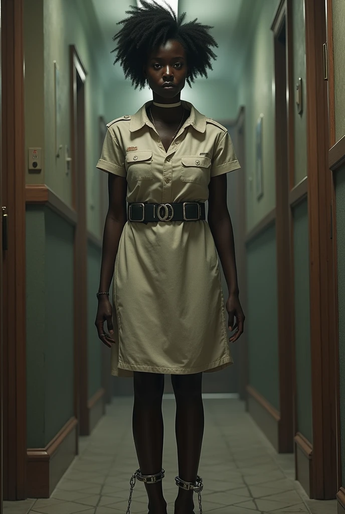 disturbing image of a dead black woman, pale skin, sitting on a morgue table, set in a morgue, dressed in white clothes, horror film photography , first plan a man