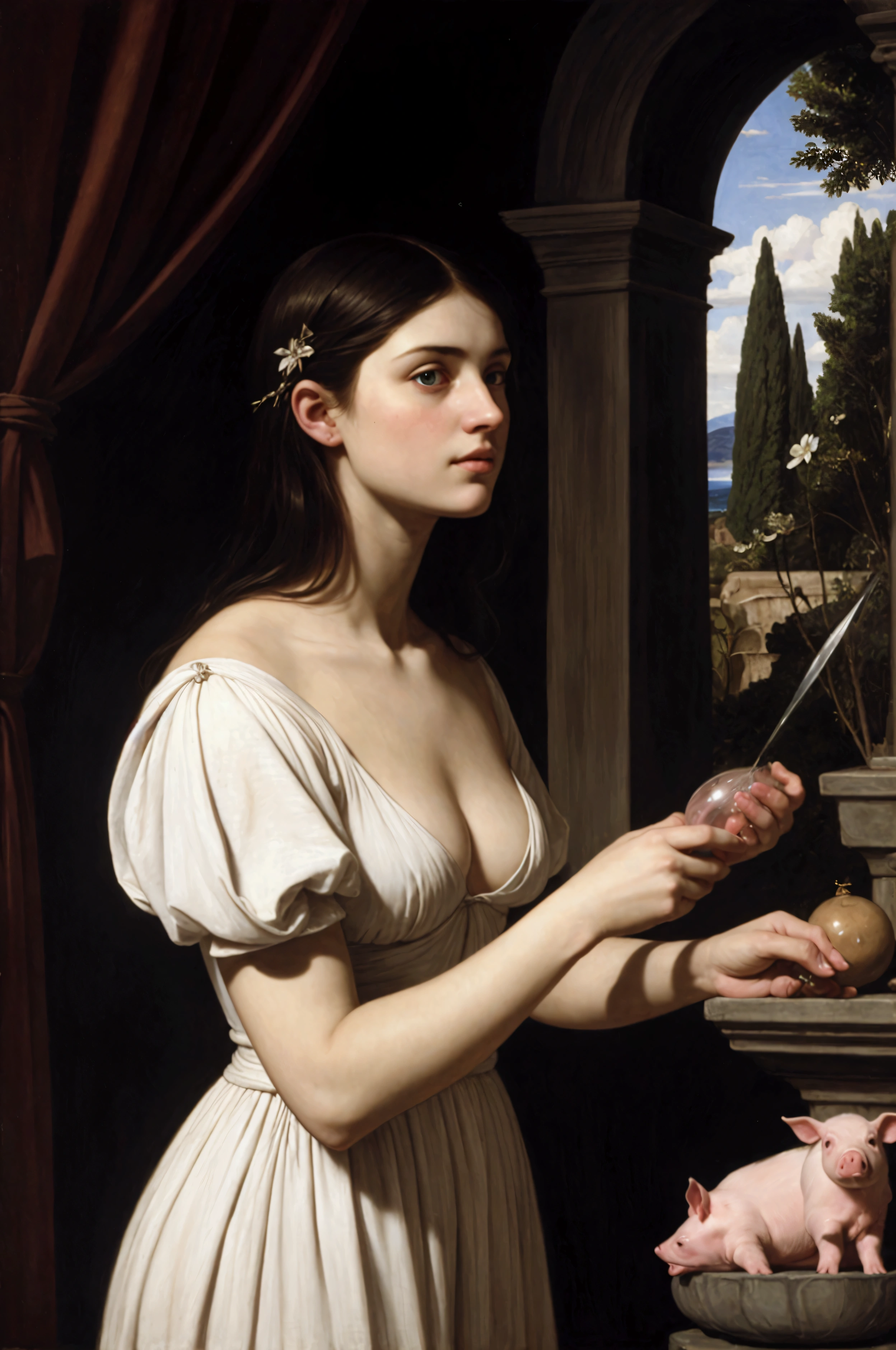 caravaggio lighting; high contrast; hyper-realism; surrealism art; Circe witch from madeline miller; petting her pigs and leons; island of Circe; Godess; realism; circe is working in her garden collecting ingredients to do her potions; mistery; strenght; beautiful women; ; beautifu white transparent dress showing some woman chest; greek mythology; john william waterhouse