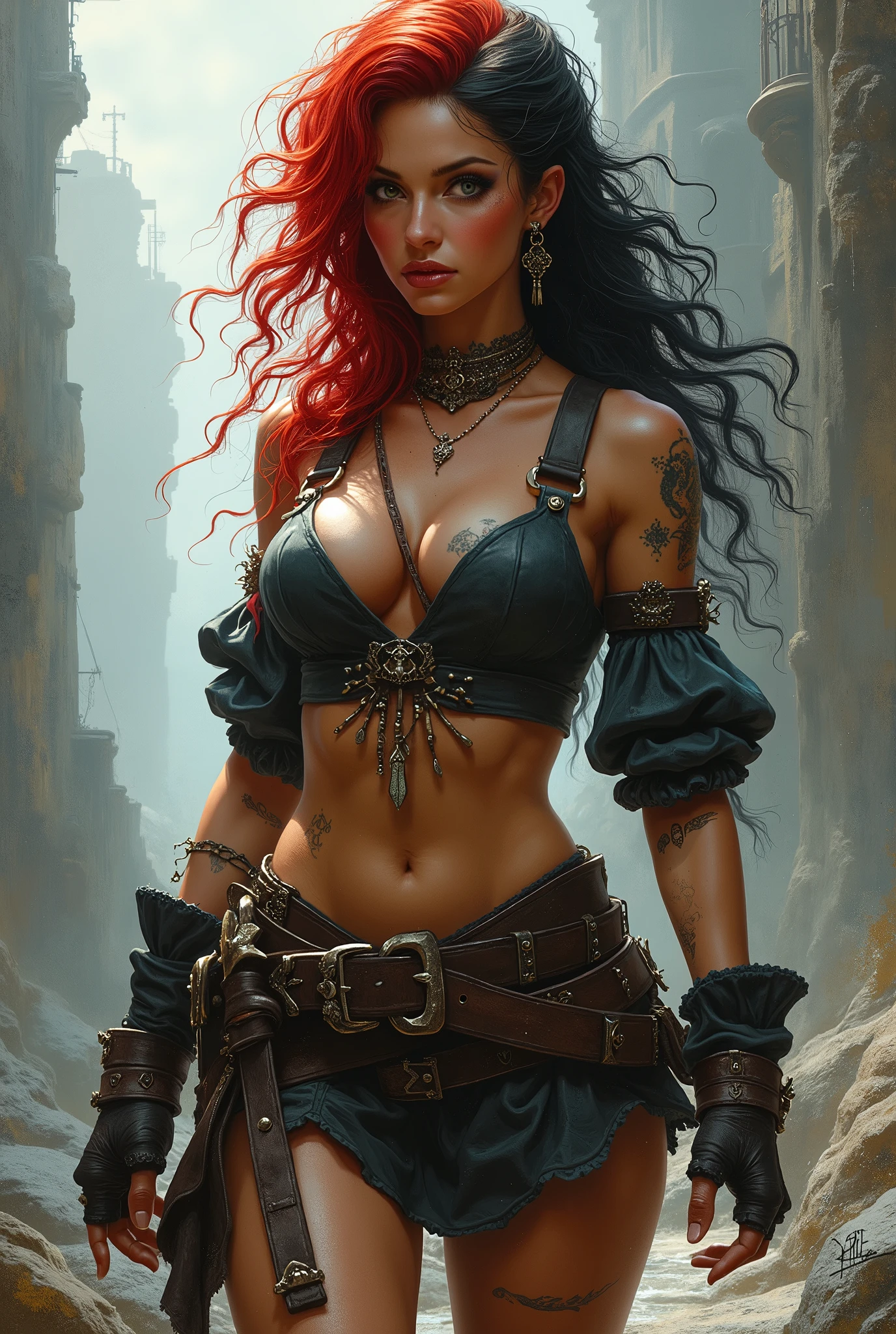 "Steampunk-style brown leather bra with intricate details"