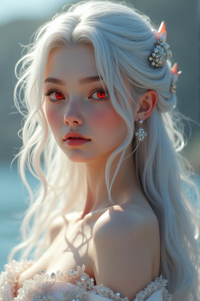 Create a female jujukatsen character with white skin tone, white hair and red eyes with blue