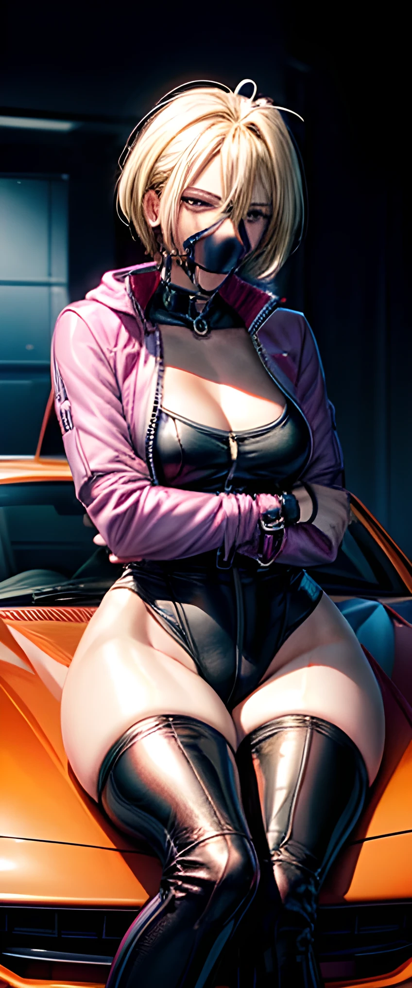 1girl,sit on a car,bmw sports car,pinkish background,medium breast,jacket,v neck,maintain figure,blonde hair,blue eyes,hot pants,thigh socks,bracelets,high quality,best quality,master piece,detail hair,detail face,good anatomy,seductive smile,long nails, slim body, posturecollar, panelgag, bondage, cuffed