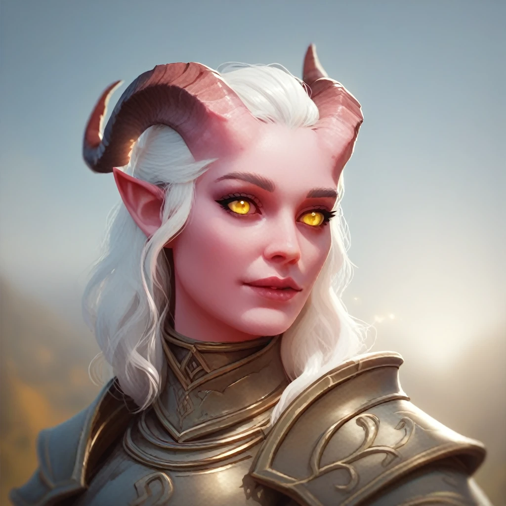 (((beautiful, high quality))), portrait, score_9, score_8_up, score_7_up, Tiefling, ((light blue skin)), pointed ears, horns, colored sclera, 1girl, pink skin, white hair, yellow eyes, armor, fantasy background, blurred background