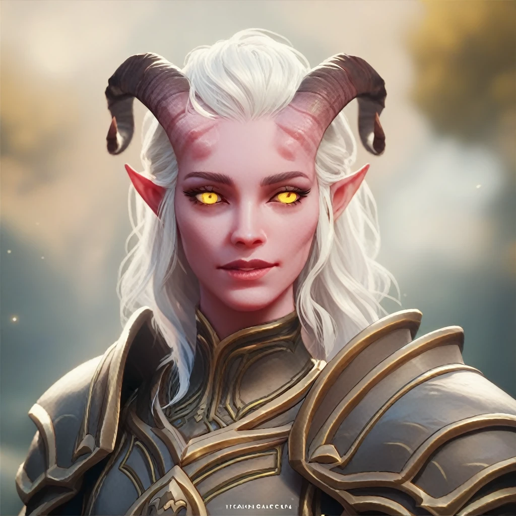 (((beautiful, high quality))), portrait, score_9, score_8_up, score_7_up, Tiefling, ((light blue skin)), pointed ears, horns, colored sclera, 1girl, pink skin, white hair, yellow eyes, armor, fantasy background, blurred background