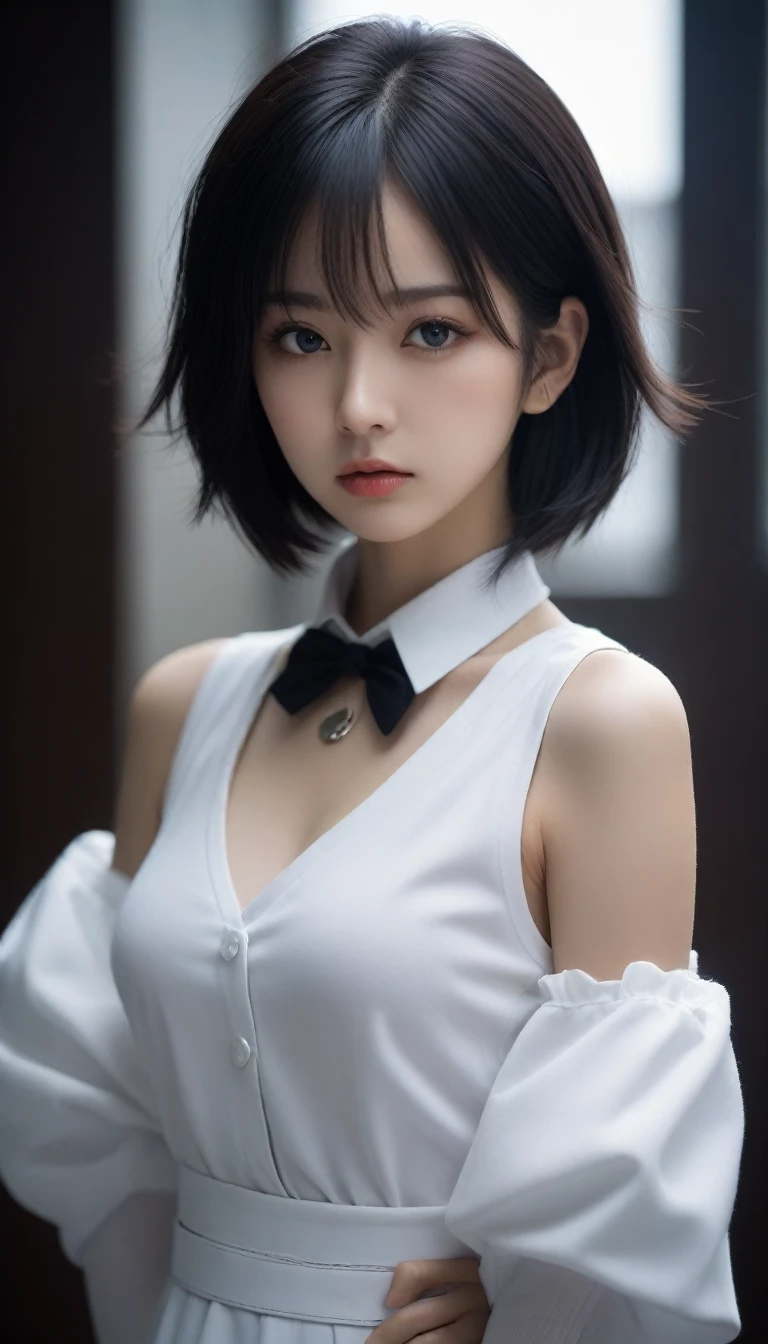 (RAW photo, highest quality), (realistic, photorealistic: 1.2), close-up portrait photo, one woman, white background, nothing background, smile, (high definition skin: 1.4), big eyes, round eyes, crystal clear eyes, short hair, gorgeous hair, air bangs, dark brown black hair, white transparent shirt and red bow tie, chest, big breasts, bright red pleated skirt, Soft lighting, high quality, gloss on skin, gloss on chest, gloss on lips, gloss on face, fair skin, great charm with transparency, ears out, highlights in eyes