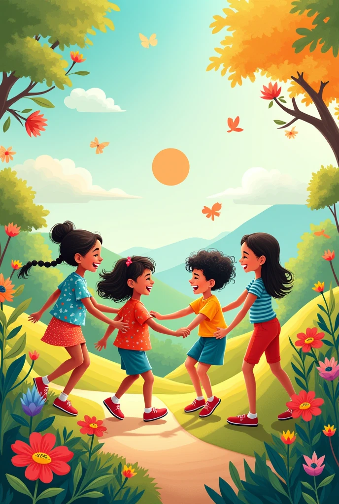 illustration, Bolivian indigenous children aged 10, holding hands with 10-year-old children from the city