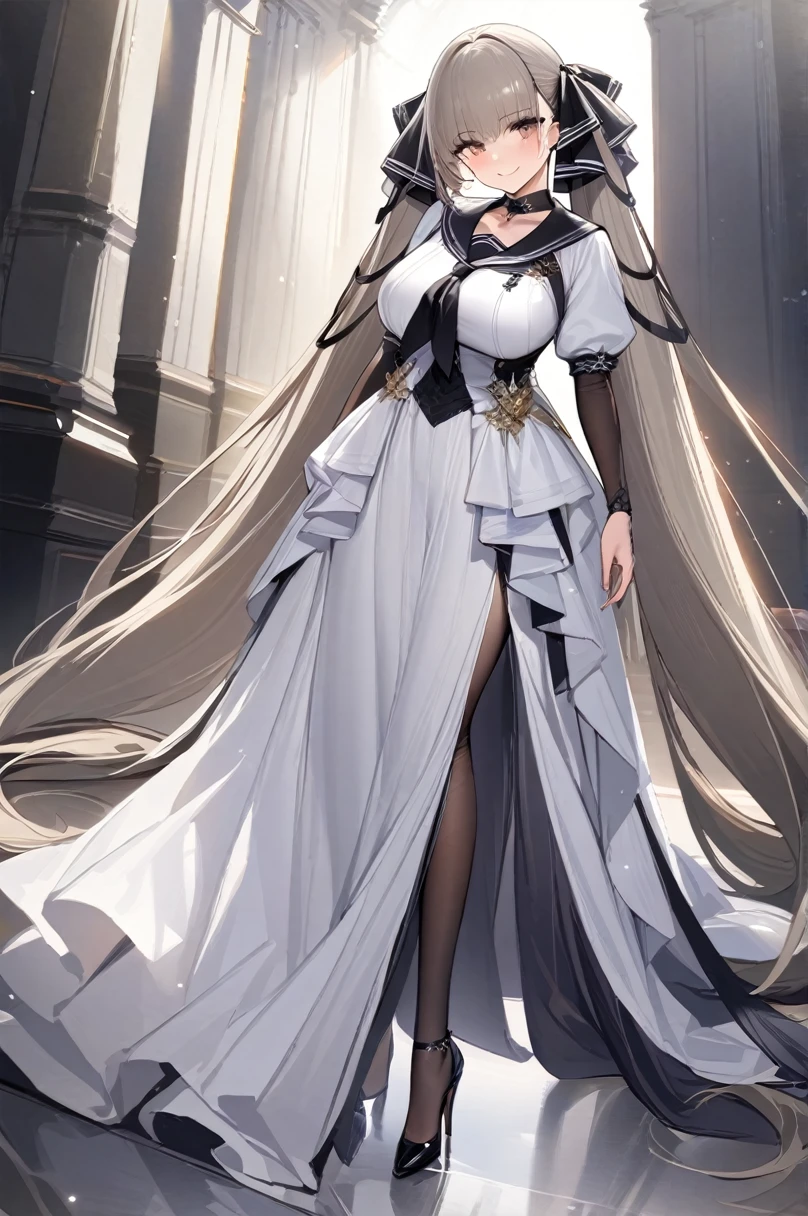 (masterpiece),(Highest quality),(Very detailed),(The best illustrations),(Best Shadow),(Absurd),(Detailed Background]),(Very aesthetic), Formidable, One girl, Long Hair, absurdly Long Hair, dress, alone, very Long Hair, chest, Twin tails, white dress, Official Alternative Costumes, whole body, Black shoes, Simple Background, High heels, Black sailor collar, timeless_classical, smile,  