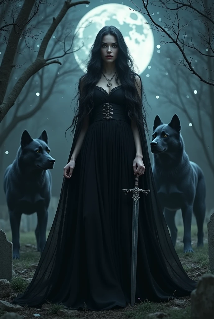 Goddess Hekate with black hair and black clothes in a night landscape, with two black dogs sitting, One on Each Side, a triluna in the sky, fruit trees, full of pomegranates in the background, holding a torch in one hand and a black key in the other. Many Skulls and snakes at your feet.