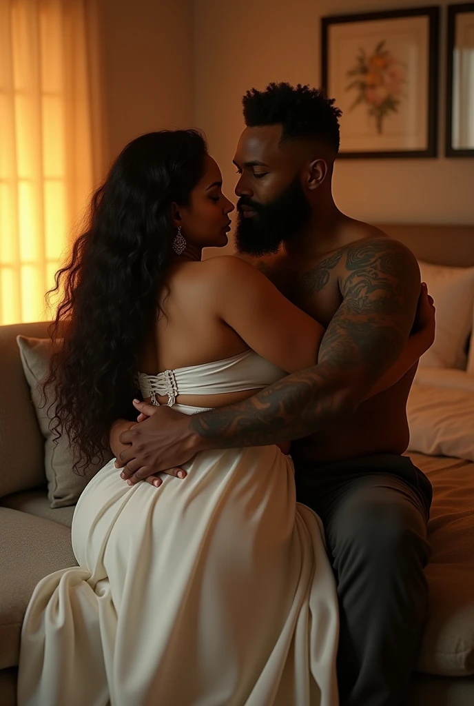 photorealistic, African American couple, kissing, beautiful, dark skin, sexy, (Best quality, 8k, 32k, Masterpiece, UHD), no bra, no shirt, naked, 32K wallpaper, romantic background, big ass, voluptuous, thick body figure, big lips, glowing skin, nighttime, candles and roses around, sweaty, dripping wet, passion, affectionate, hearts floating everywhere