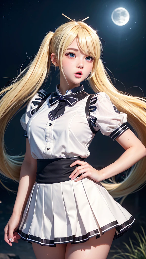 ((Highest quality)), ((masterpiece)), (detailed), high twintail, ((Blonde hair)), (highschool girl), Very Cute Eyes, False eyelashes, (cheek:1.3), (surprised:1.5), Glossy thick lips, shiny white skin, pleated skirt, close up upper body, outside, moonlight, shootingstar, wind