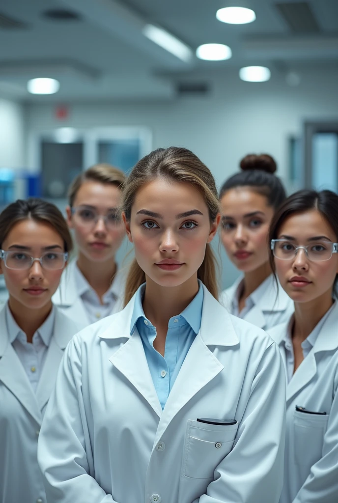 Create two people who are being audited for quality, and the auditor. Who are being audited wearing lab coats, one female and one young male and they are in the lab, the auditor is middle age woman
