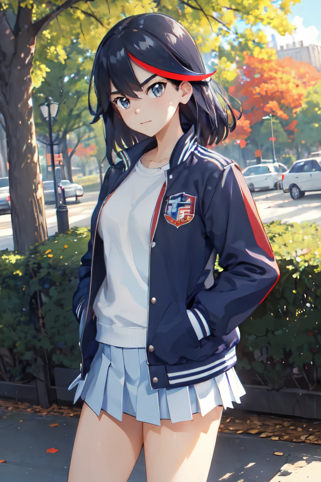 masterpiece,best quality, 1girl,solo, kill la kill, open jacket, letterman jacket, white shirt, blue pleated skirt, hands in pockets, looking at viewer, in a central park, sunshine, blue sky 