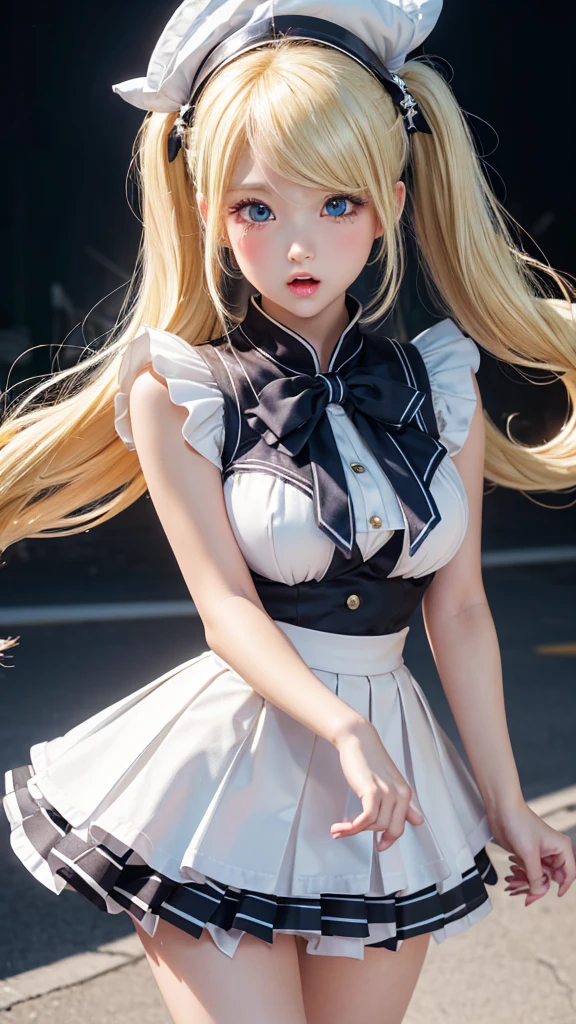 ((Highest quality)), ((masterpiece)), (detailed), high twintail, ((Blonde hair)), (highschool girl), Very Cute Eyes, False eyelashes, (cheek:1.3), (surprised:1.5), Glossy thick lips, shiny white skin, pleated skirt, close up upper body, outside, moonlight, shootingstar, wind, figure