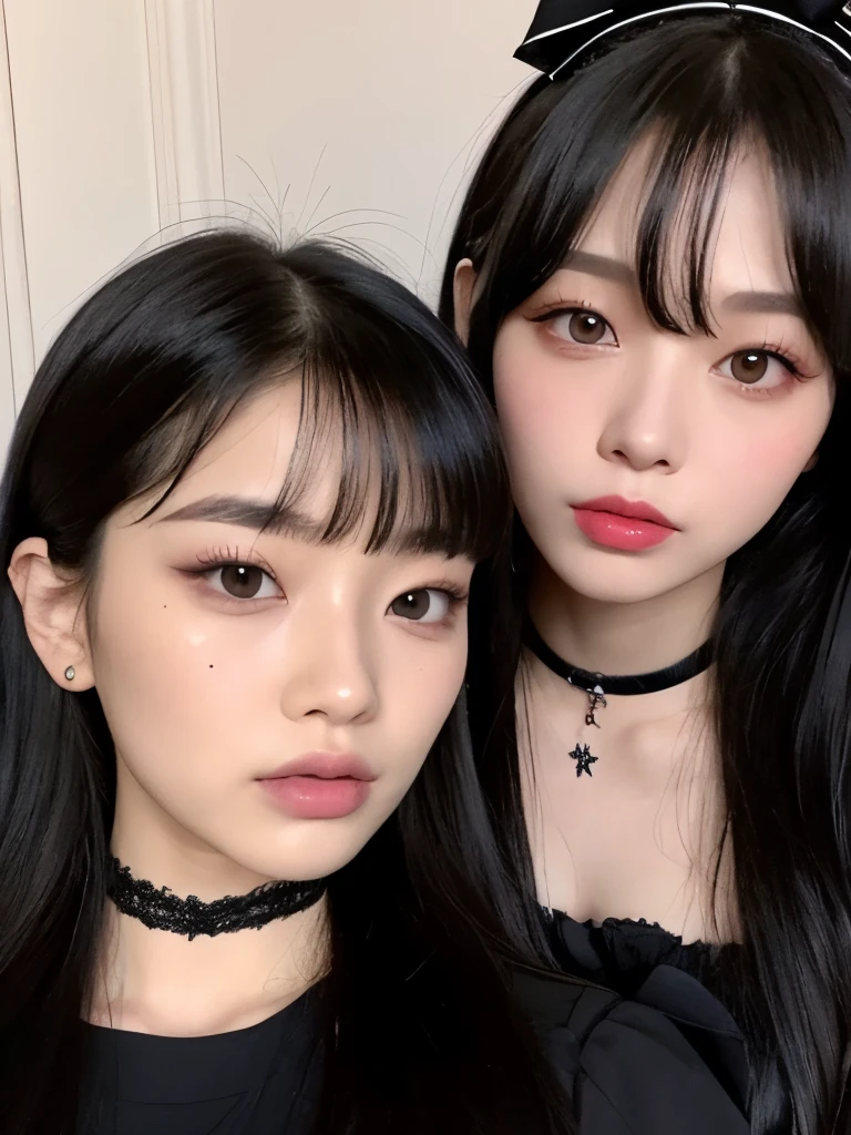 Beautiful woman with Tomie cosplay, two faces, demon&#39;s eyes, Scars, long black hair, face of Karina from Aespa, woman with a face coming out of her face.