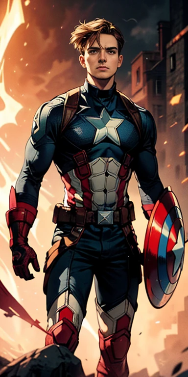 A man in a suit, resembling Steve Rogers, standing confidently as Captain America. He is not wearing his helmet, revealing his face with a determined expression. The lighting is soft and gentle, creating a subtle and moody atmosphere. The details of the suit and surroundings are rendered with great precision, capturing every intricate texture and material. The artwork reflects the style of professional photography, with a focus on composition and visual storytelling. The use of Octane, a powerful rendering engine, ensures the highest level of realism and quality. The image is ultra-detailed and ultra-realistic, showcasing the fine craftsmanship and attention to detail. The colors are vibrant and vivid, adding depth and richness to the scene. The overall aesthetic is cinematic, reminiscent of a movie poster or a high-budget production. The resolution of the image is 16k, providing exceptional clarity and sharpness. The prompt captures the essence of Steve Rogers as Captain America, highlighting his iconic look and heroic stance. It embodies the trend of art featured on ArtStation and showcases the artist's skill and creativity.