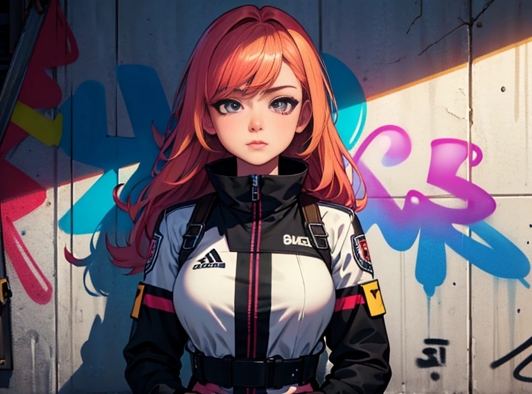 (Highest quality), masterpiece, Highly detailed CG uniform 8K illustration, High collar, extremely High collar saturation, All the colors have deepened, paint, Graffiti art, Center Configuration, Highly detailed lights and shadows, Graffiti wall, wall painted bright, A girl&#39;s graffiti A girl stares at the wall, Highly detailed face and eyes, Medium length hair, Sportswear, Coloured Clouds