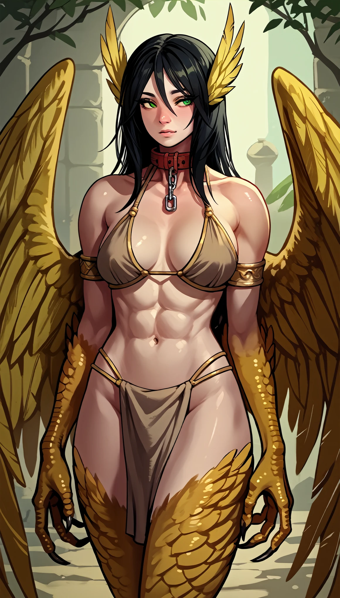 (zPDXL2), (PonyXLV6_Scores), source_anime, source_anthro, source_furry, Expressiveh, solo, three-quarter portrait, front view, looking to viewer,
1girl, monster girl, (winged_arms), Harpy, emerald green eyes, waist-long deep black hair , tall slender body, toned body, wings, golden feathers, sharp talons, (medium breast, perky breast), seductive face expression, slave collar, slave loincloth, slave market background, masterpiece, best quality