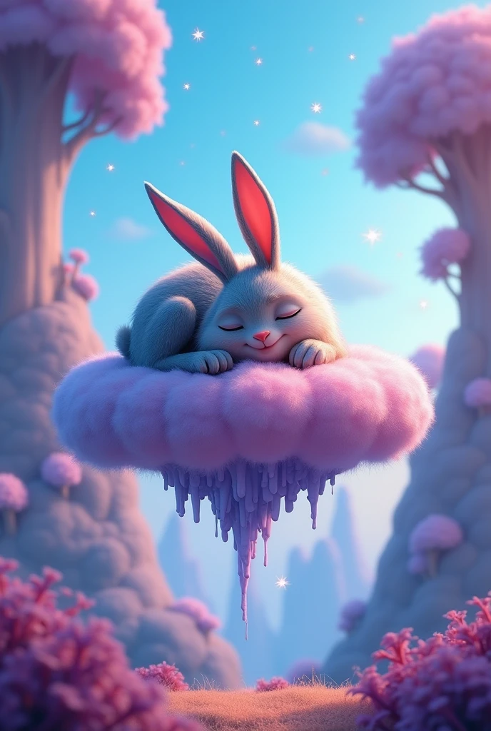 create the image of the characters movie inside out 2 cute bunny sleeping on top of a cloud with colorful