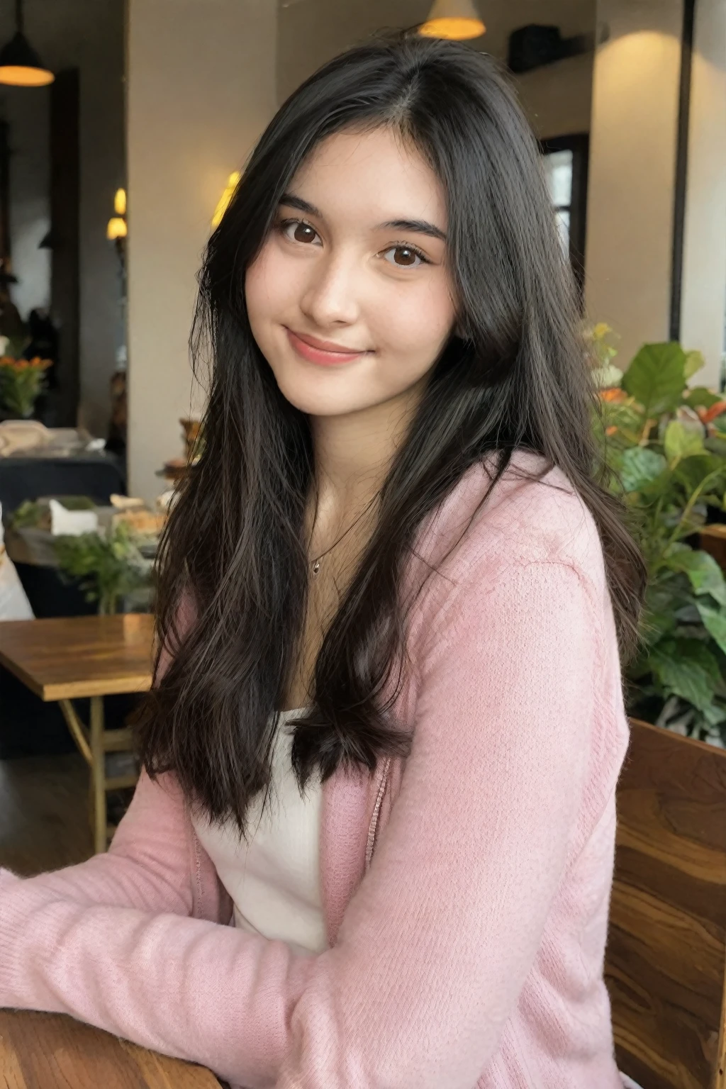 high-resolution portrait, 1girl, solo, seductive smile, long black hair, brown eyes, looking at viewer, beautiful girl, fair skin, wearing best casual outfits, sitting at cozy cafe