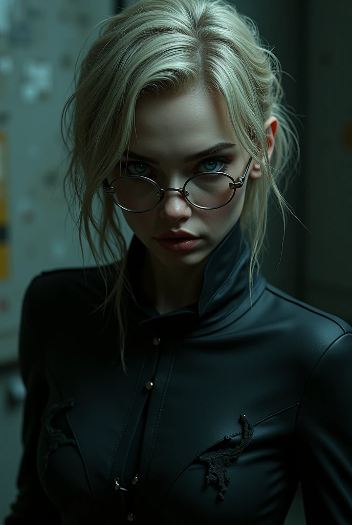 Wicky, busty under cyberpunk turtleneck armor with neon lights , glasses, detailed eyes, photography, trending on artstation, sharp focus, studio photo, intricate details, highly detailed, by greg rutkowski <lora:Wicky:0.7>