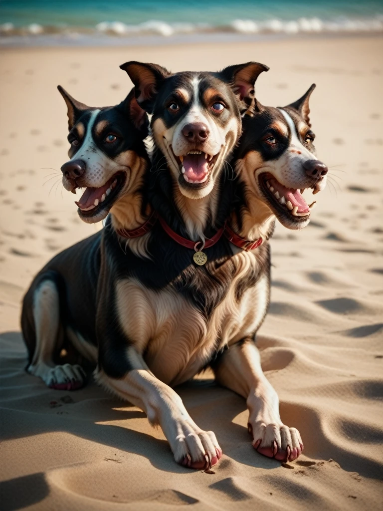 (Cerberus, 3-headed, dog) on a deserted beach