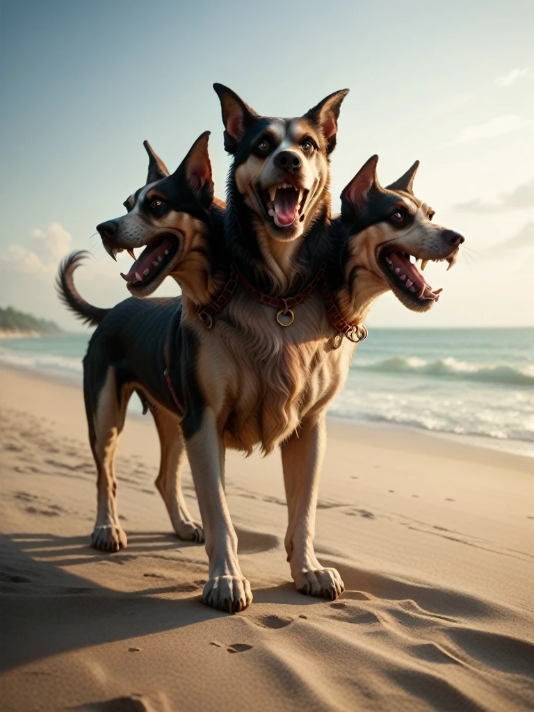 (Cerberus, 3-headed, dog) on a deserted beach