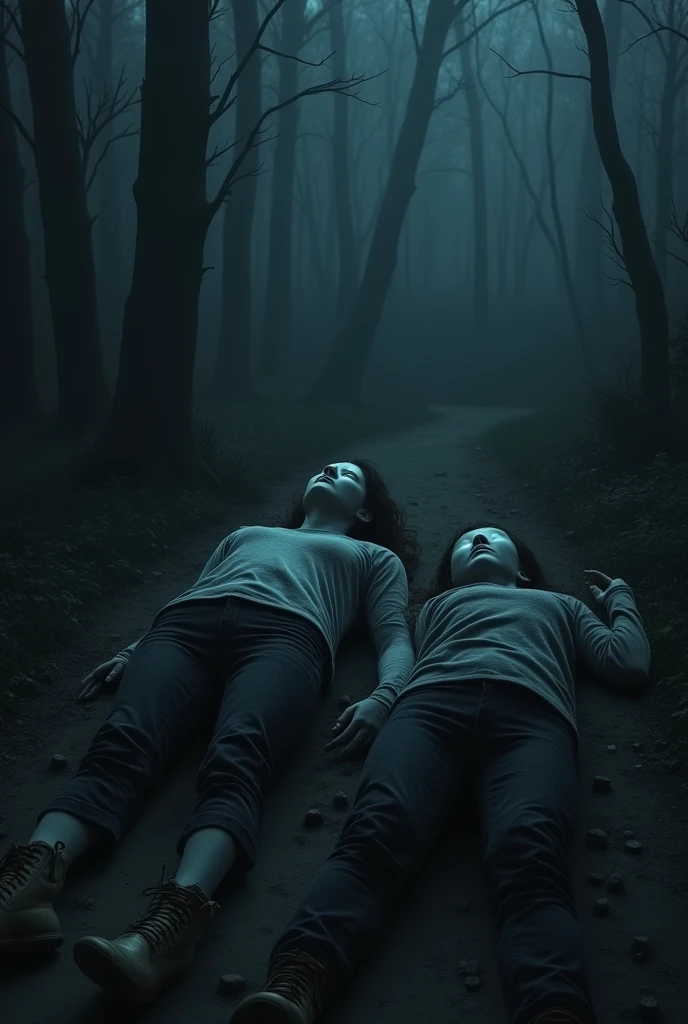 Two vampire children, with white skin tone, sucking blood from a corpse on the ground They are on a mountainous surface with floating rocks behind
