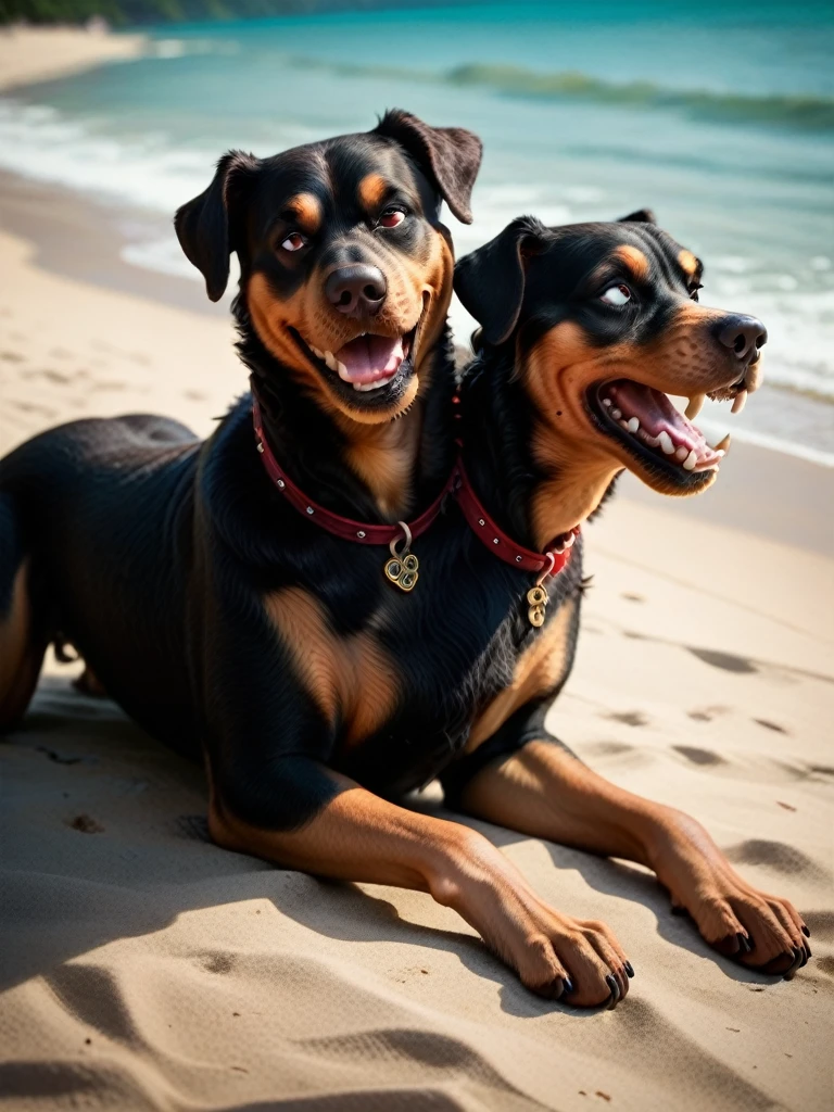 (Cerberus, 3-headed, Rottweiler dog) on a deserted beach
