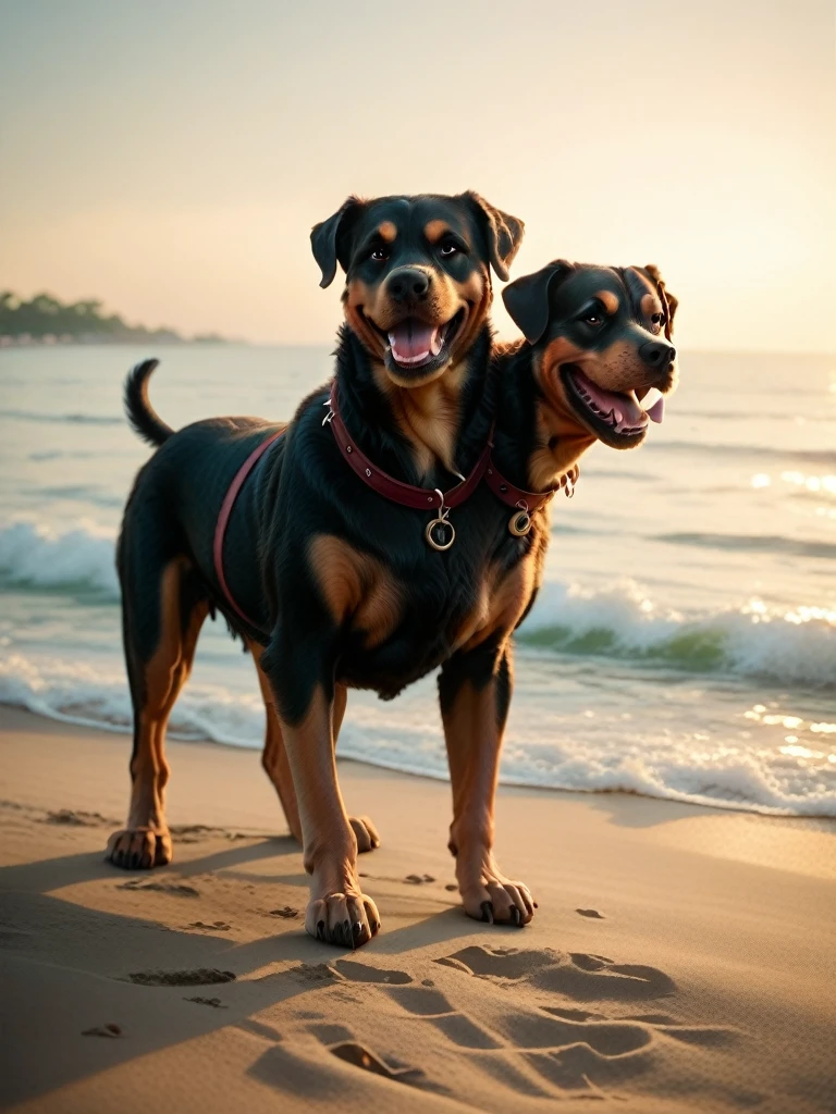 (Cerberus, 3-headed, Rottweiler dog) on a deserted beach
