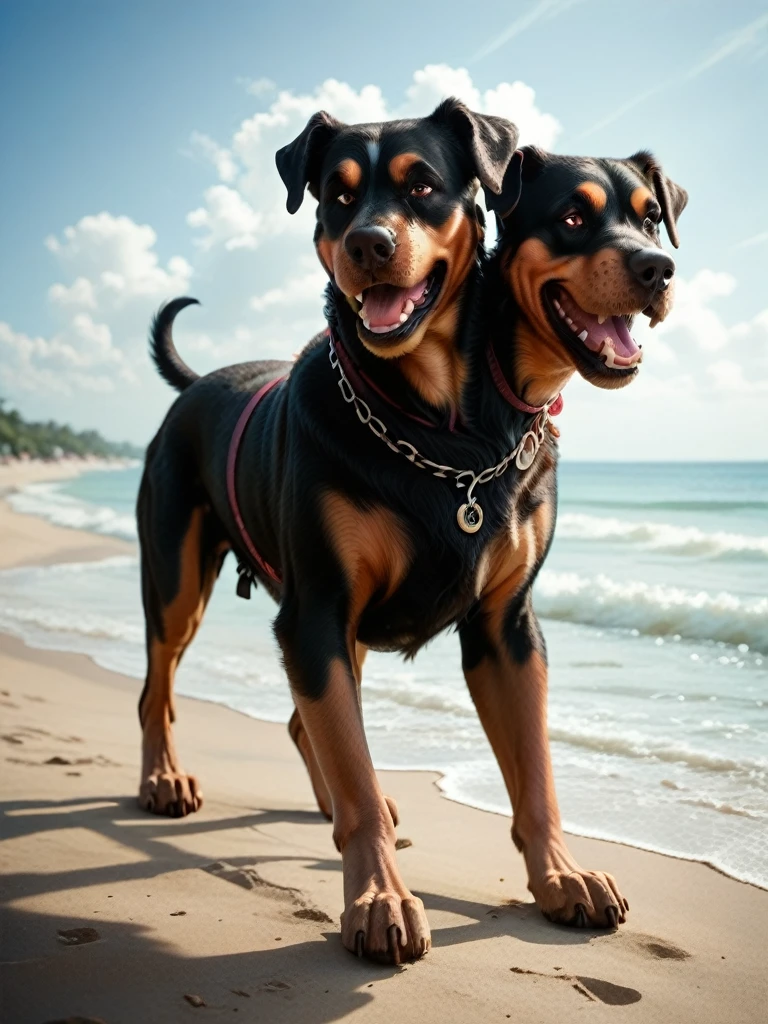 (Cerberus, 3-headed, Rottweiler dog) on a deserted beach
