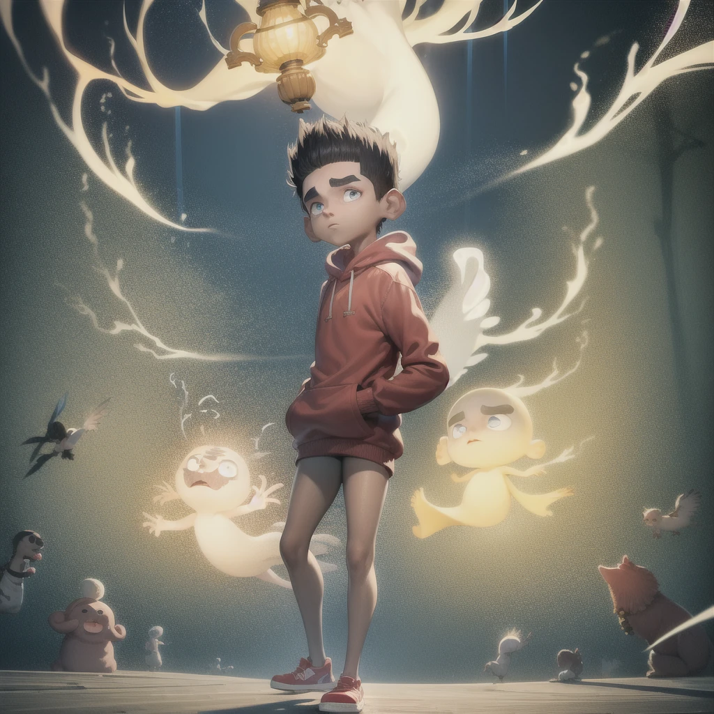 ((masterpiece, best quality)),(complex lighting),1boy,solo, full body, norman, child,thick eyebrows, hoodie