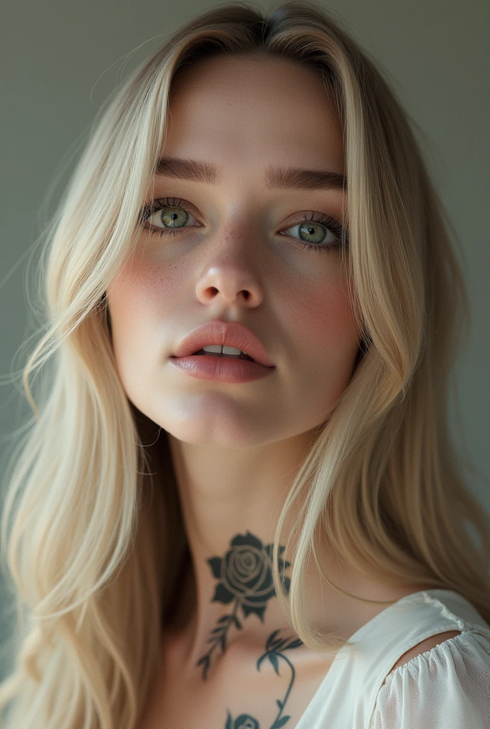 A 25, yeard old girl (highly detailed women face) with long blond hair and (beautitgdetalld green eyes:1.2/closed mouth:1.2), some facial imperfections, ultra detailed, beautiful girl, real human wet skin, striking features, beautiful, intricate details, tension, contrast, (texture:1.1) (realism:1.1) a lots of freckle ((dark red lipstick)) ((Neck tattoo))