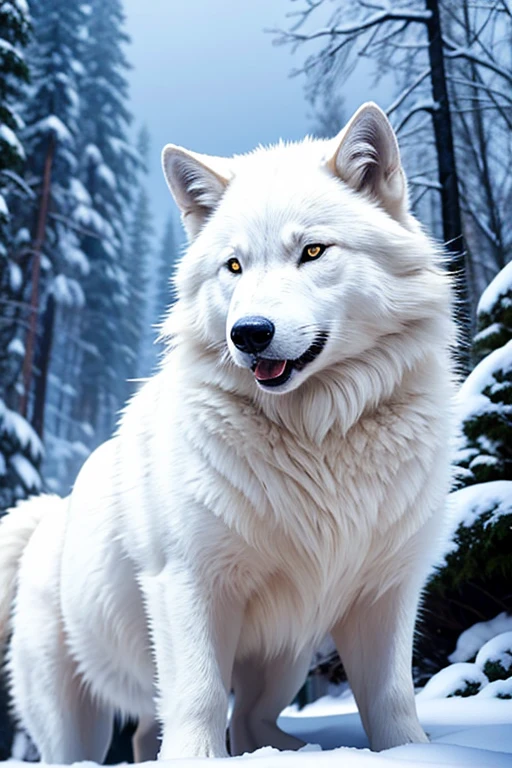 White Wolf in the snowy winter forest、Big snow Forest、White Wolf、white snow、Realistic、Cinematic composition、Extending Fang, (White fur:1.1),