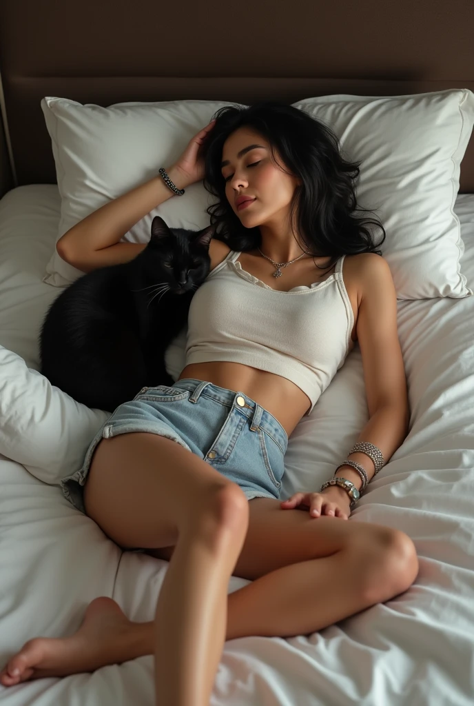 The woman and her cherished black cat create a heartwarming tableau by the window during the golden hour, their laughter and affection filling the room with a sense of contentment, blue hair, Hyperrealism, wide shot, foreshortening, masterpiece, anatomically correct, best quality, highres, 4K