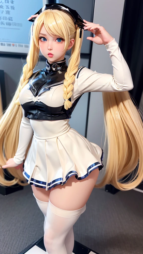 ((Highest quality)), ((masterpiece)), (detailed), high twintail, ((Blonde hair)), (highschool girl), Very Cute Eyes, False eyelashes, (cheek:1.3), (surprised:1.5), Glossy thick lips, shiny white skin, pleated skirt, full body shot, on a base, figure