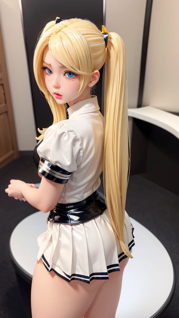 ((Highest quality)), ((masterpiece)), (detailed), high twintail, ((Blonde hair)), (highschool girl), Very Cute Eyes, False eyelashes, (cheek:1.3), (surprised:1.5), Glossy thick lips, shiny white skin, pleated skirt, full body shot, on a base, figure