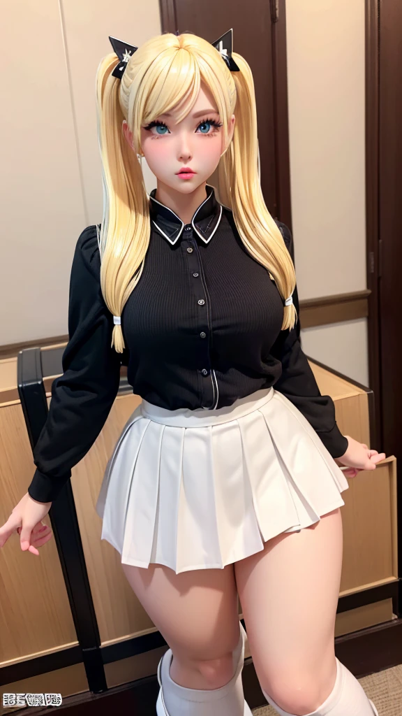 ((Highest quality)), ((masterpiece)), (detailed), high twintail, ((Blonde hair)), (high girl), Very Cute Eyes, False eyelashes, (cheek:1.3), (surprised:1.5), Glossy thick lips, shiny white skin, pleated skirt, full body shot, on a base, figure