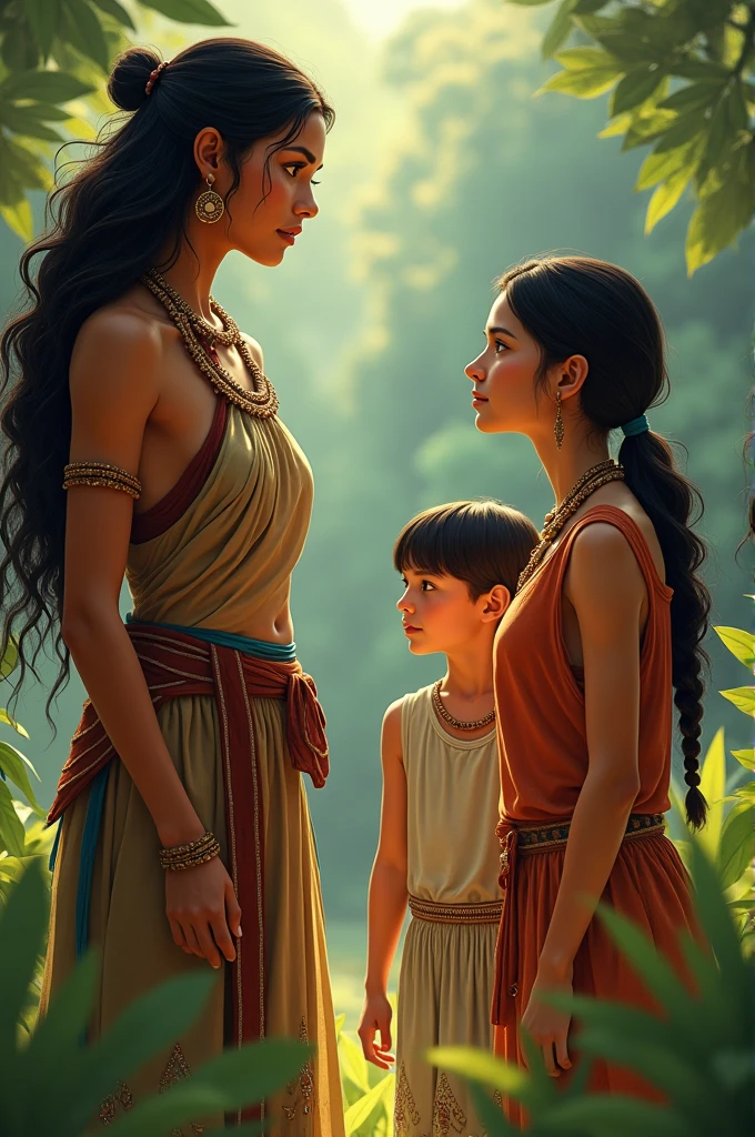 Pale white skinned North Indian slave woman with dark skinned child, and dark skinned south indian slave woman with pale white skinned child, gupta era, both are sitting beside a lake, threaten eachother with knives  while sitting their own child on their lap