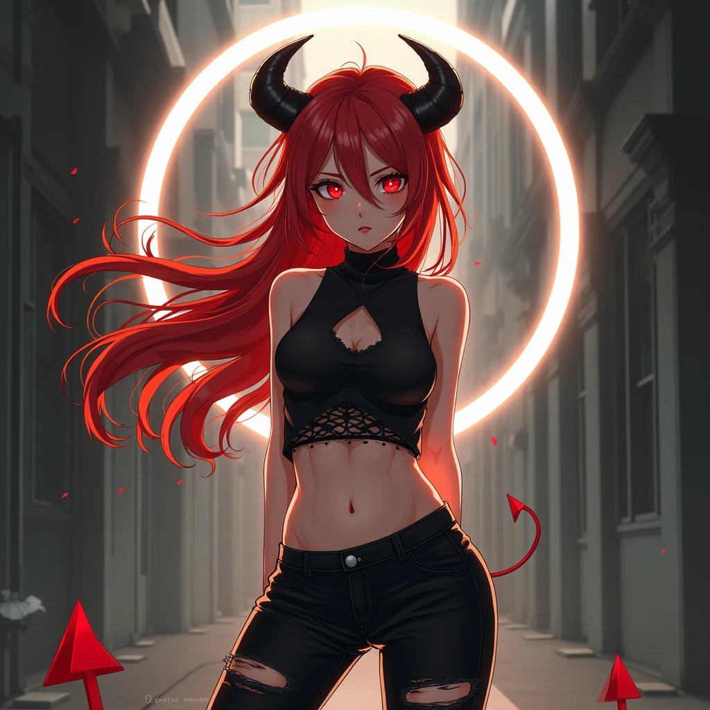 high quality, masterpiece, 1 woman standing in alley, tall, slim waist, medium breasts, skirt, bare thighs, annoyed, red hair, very long ponytail, portrait, looking at viewer, curvy body, demon horns, black tattoo lines on thighs, hand on breast, breast grab,