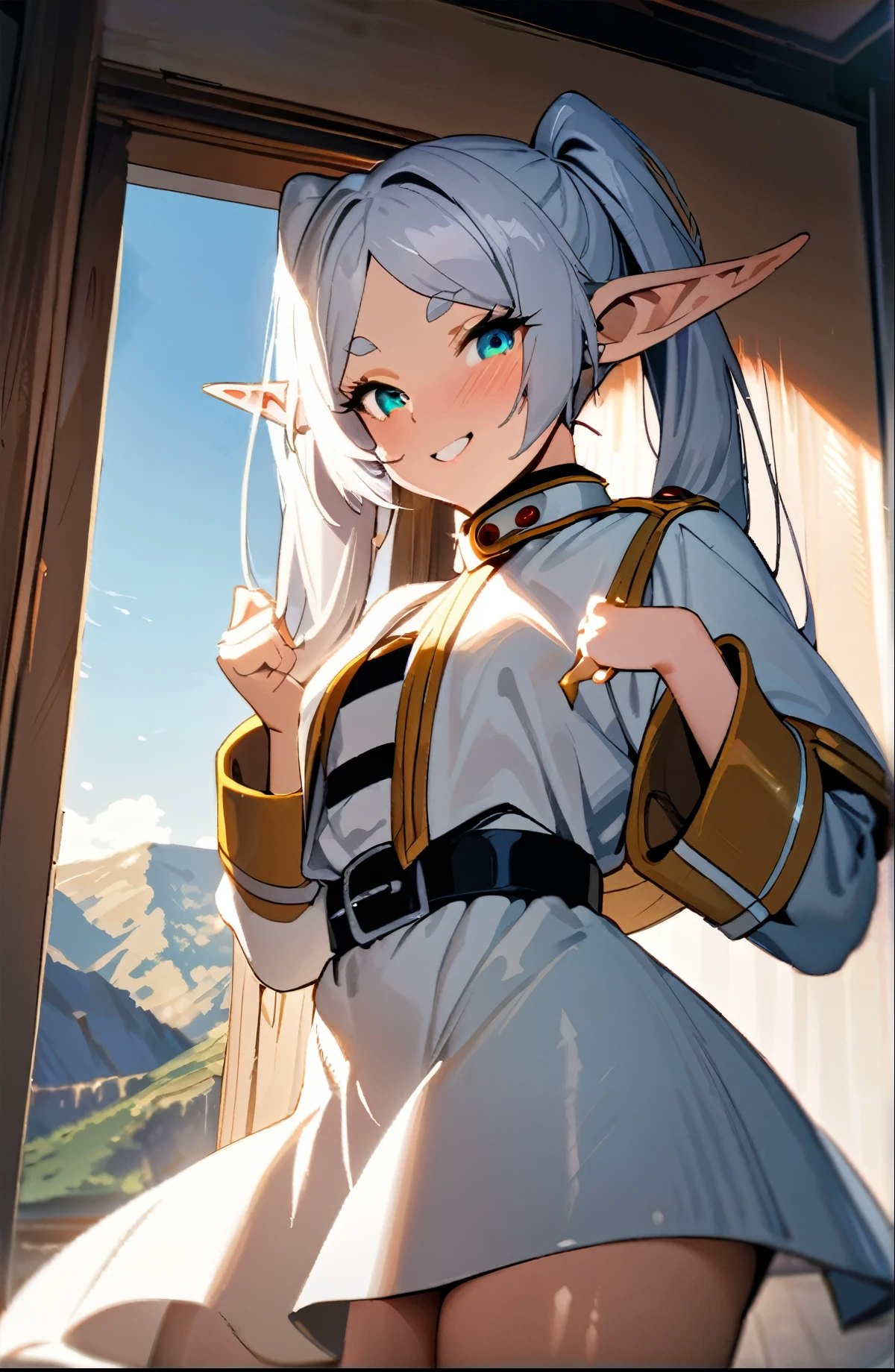 frieren, 1girl, long hair, pointy ears, green eyes, smiling, small boobs, twintails, jewelry, elf, earrings, capelet, white capelet, long sleeves, parted bangs, dress, belt, flower, skirtflip, pussy, (pubic hair)1.2, looking at viewer, valley, grass, snowy mountains, cinematic angle, dramatic lighting, award winning