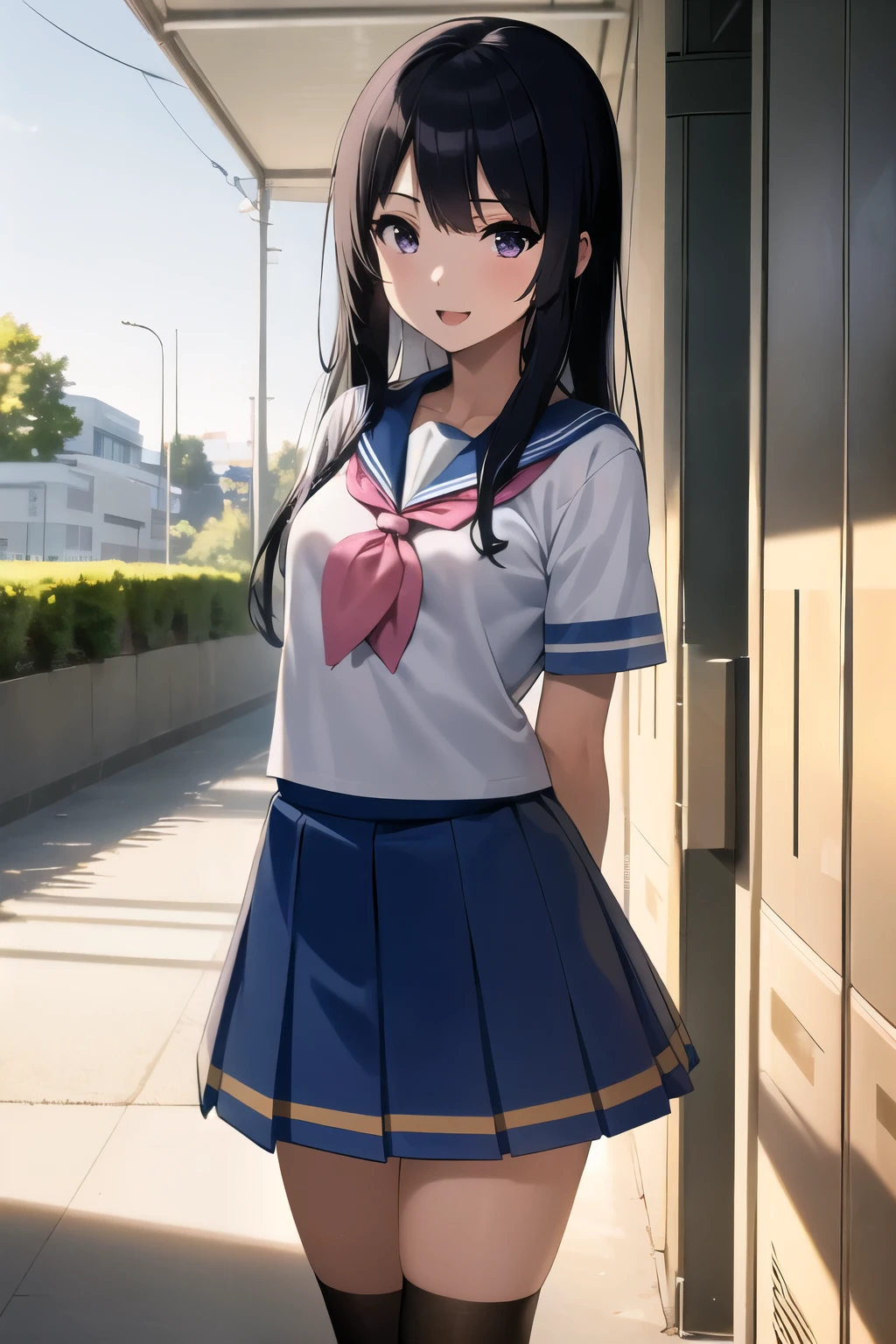 masterpiece, best quality, absurdres, perfect anatomy, 1girl, solo, KousakaSummer, long hair, white serafuku, short sleeves, pink neckerchief, blue skirt, black socks, kneehighs, loafers, standing, smile, arms behind back, :d, school corridor, lockers, 