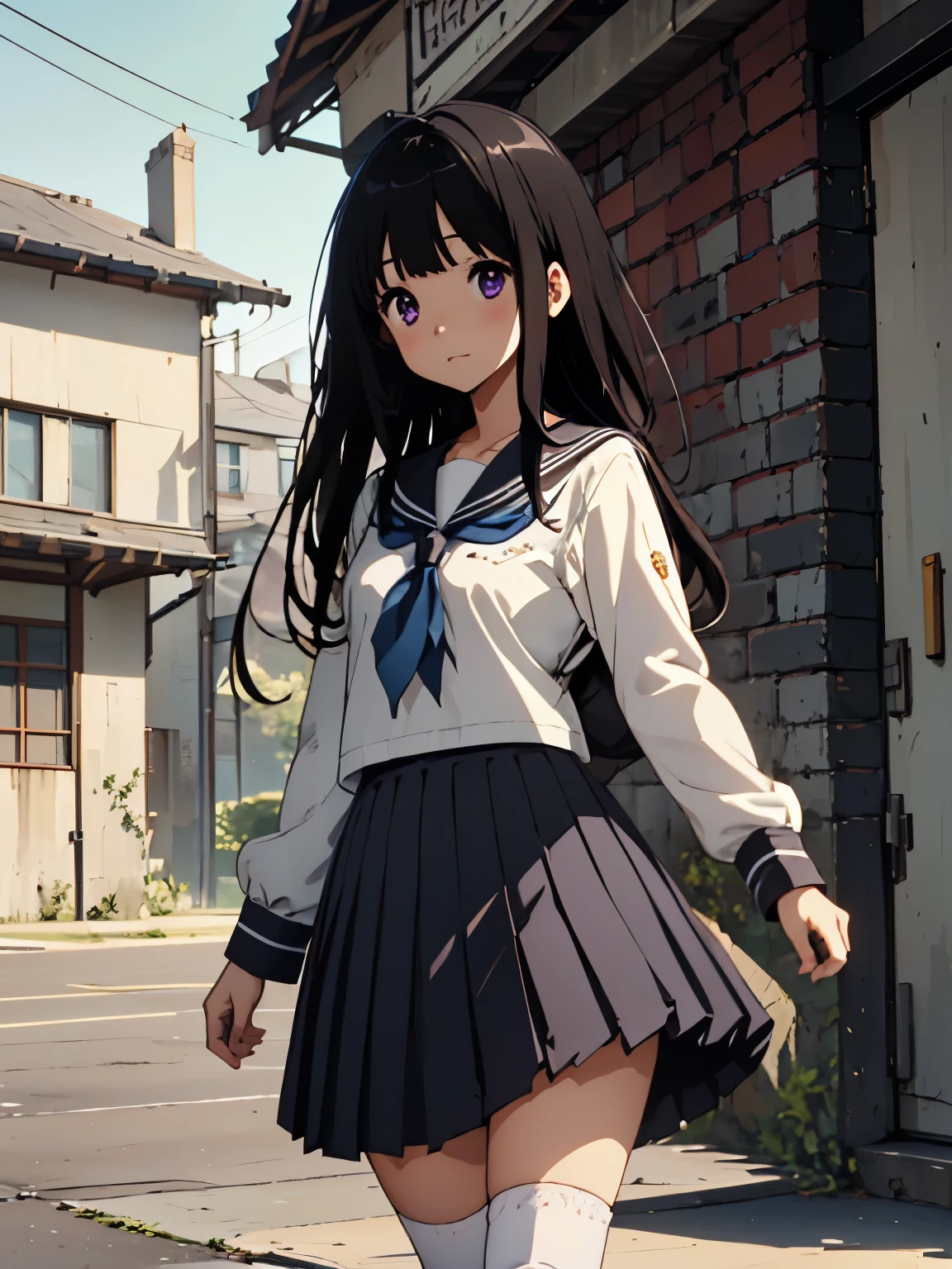 masterpiece, highest quality, Super detailed, Intricate details, Perfect Anatomy, In detail, Detailed Background, Schoolyard, One girl, chitanda eru, Long black hair, , kamiyama high , Purple eyes, serafuku, White knee-high socks, Black pleated skirt, bangs, Black sailor collar, Brown shoes, neckerchief, loafers, Long sleeve, Are standing, Captivating eyes,