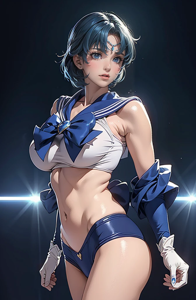 masterpiece, Highest quality, Absurd, Perfect Anatomy, One person,chest,gloves,lips,alone, Sailor Mercury,blue eyes,uniform,Mel 1,tiara,Sailor Warrior Uniform,masterpiece,Absurd,Cowboy Shot, Dynamic posture, The background is space (Amazing details, Excellent lighting, Wide-angle), One person,((Big Breasts)),((手でchestを隠す)),((naked))