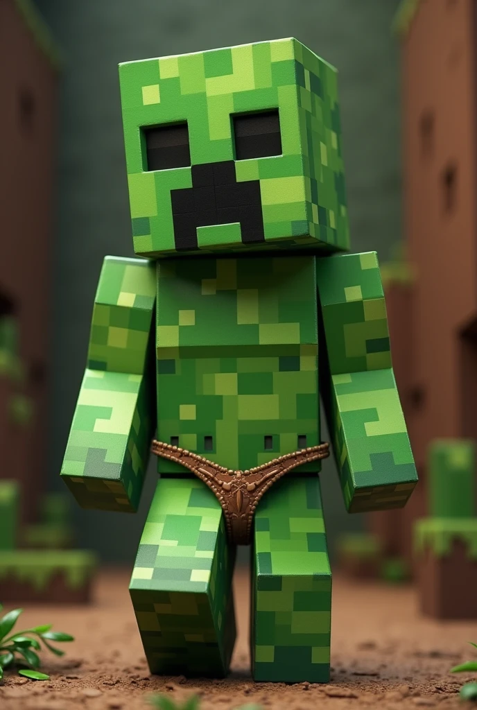 Minecraft creeperwoman with cube head black eye Green half black body blushing and show butt left side view 