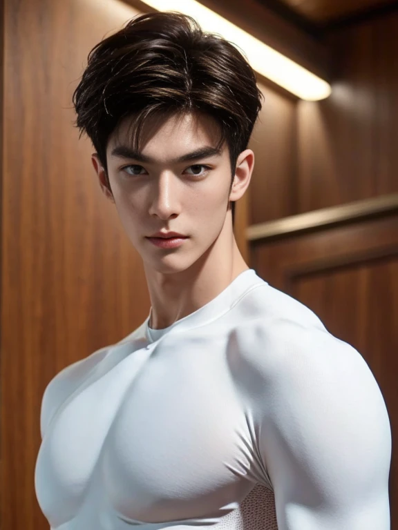 Young man, very pale, black hair tied sideways, bright red eyes, Masterpiece, in the background a cozy room, White T-shirt. defined body, a little muscular, male features.