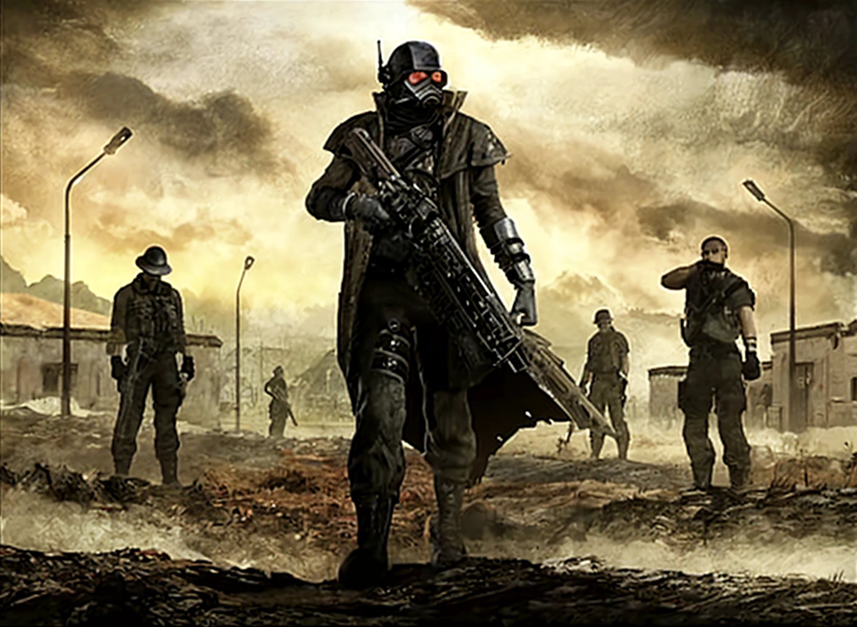 cowboys in gas masks and leather outfits walking down a street, high detail character models, rabbits, cosplay, outer worlds, style of ghost blade, jackstraws, the gunslinger, assasin --auto --s2