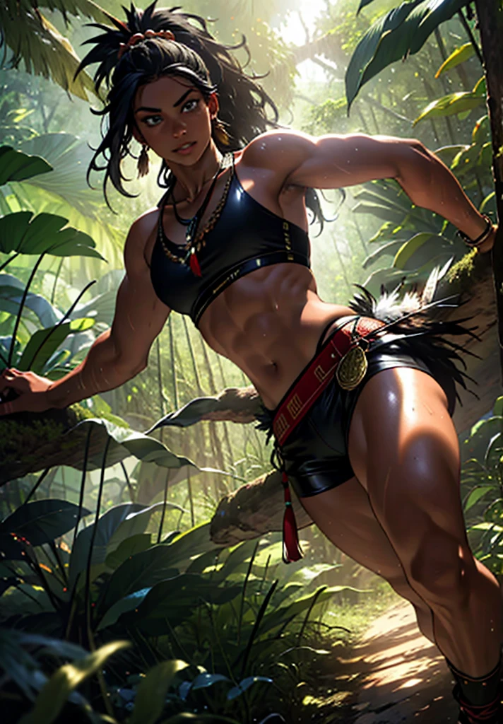 Action shot of beautiful aiming a black bow weapon, bow and arrow, aiming down at camera, girl made up of black smoke, african woman, dark skin, emerging from the shadows, bright green eyes, curves, naked, glimpses of beautiful body though the smoke, hints of nakedness, dark theme, cloaked in smoke, wrapped in darkness, 8K, HD, amazing quality, HD, masterpiece, best quality, hyper detailed, ultra detailed, from below, low angle