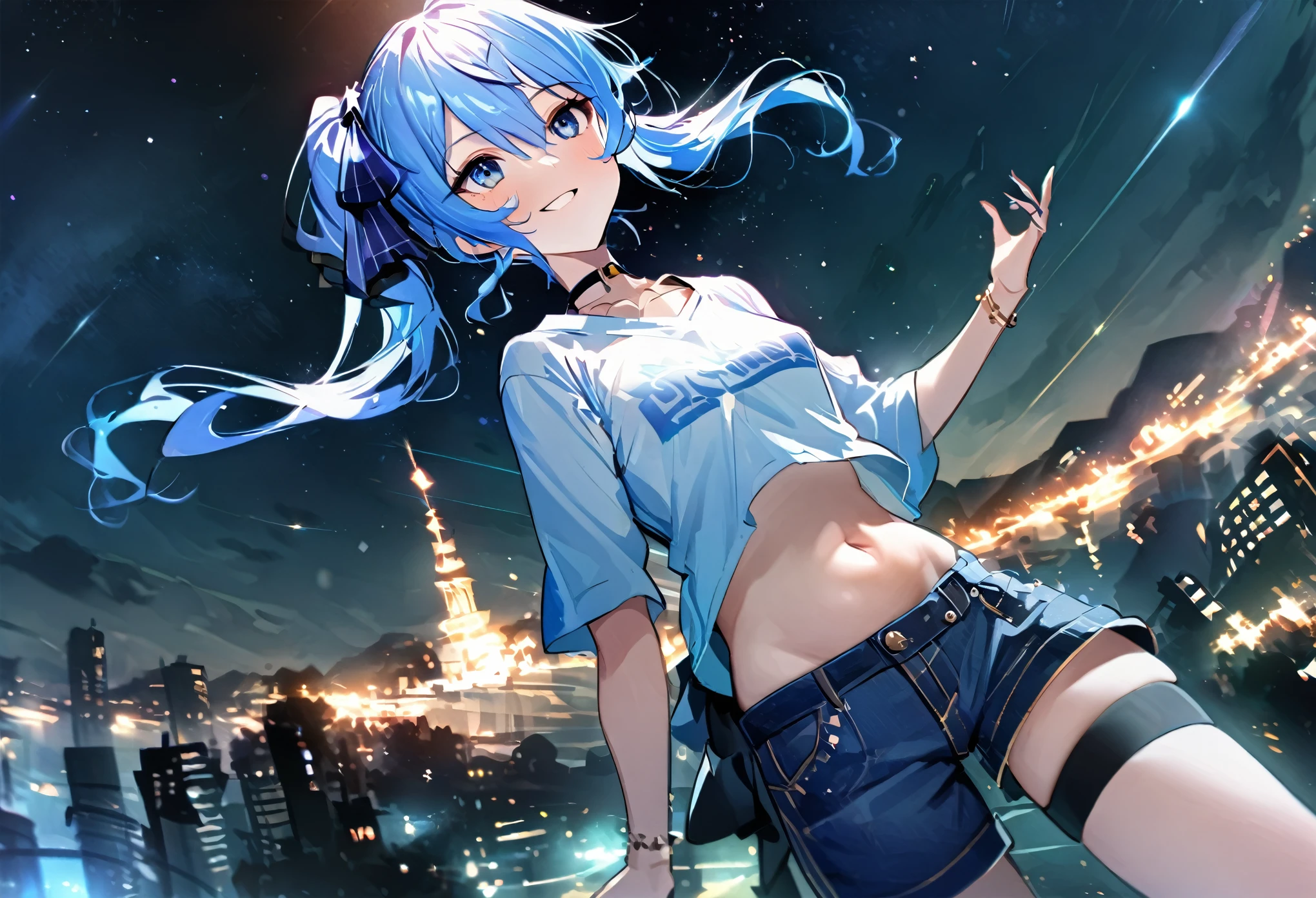 (8k、Best image quality、highest quality、masterpiece)、Detailed face、 1girl、Blue Hair、Long Hair、sideponytail、dark_blue_eyes、smile,(glimps_of_ navel)、small_breasts,(White_short_T-shirt:1.3)、Off the shoulder、Black shoulder straps、(open_front_denim_short_shorts:1.2)、City Background, starry_sky_landscape ,hoshimachi suisei,(covered_nipples:0.3), (belly_button:1.2),nihil,solo,stargaze,girl_looking_up_sky,slender,solo,