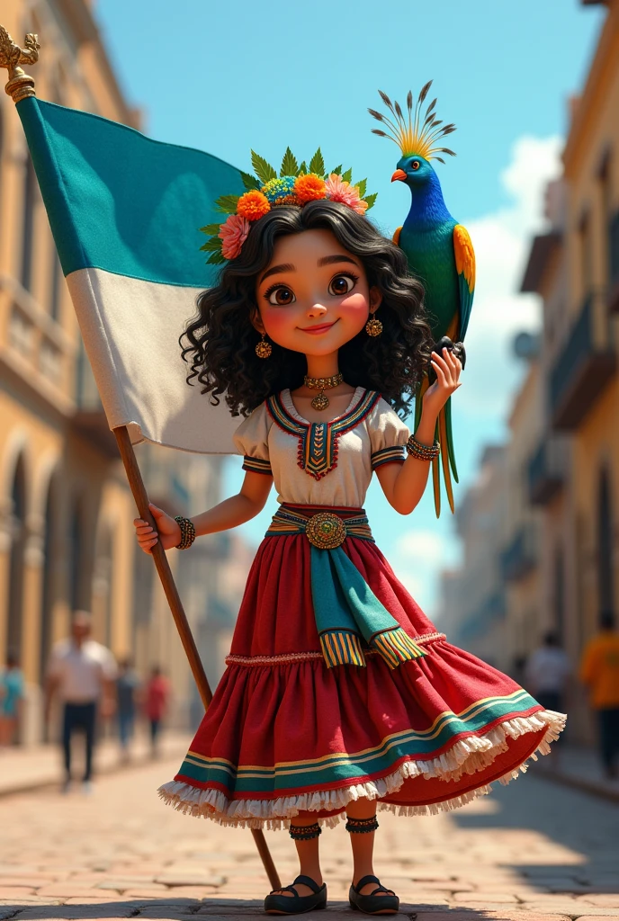 Create 3d image, Pixar cover style of a Brazilian Indian woman who is 5 years old, likes macaws, parrots, toucans, little birds, Standing on the riverbank playing