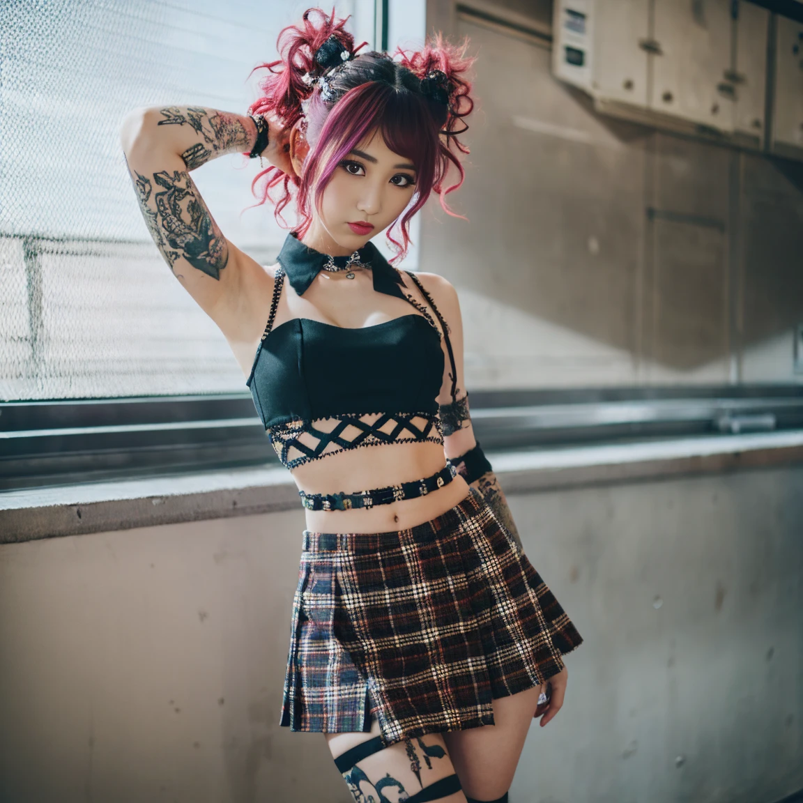 1girl, 2, Punk outfit, wild hair, tattoos, plaid miniskirt, crop top, wearing_urbangal